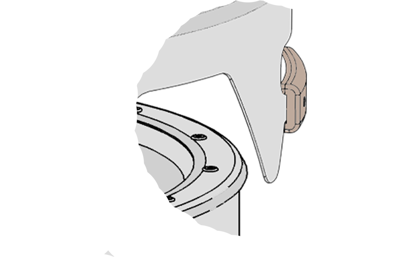 Nahaufnahme eines weißen runden Randes mit drei sichtbaren Schrauben und einem beigefarbenen Kunststoffscharnier rechts