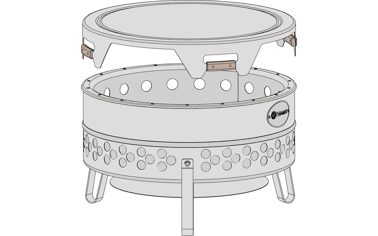 Runder Metallbehälter mit geöffnetem Deckel, ringförmigen Belüftungsöffnungen, zwei seitlichen Griffen und drei Beinen