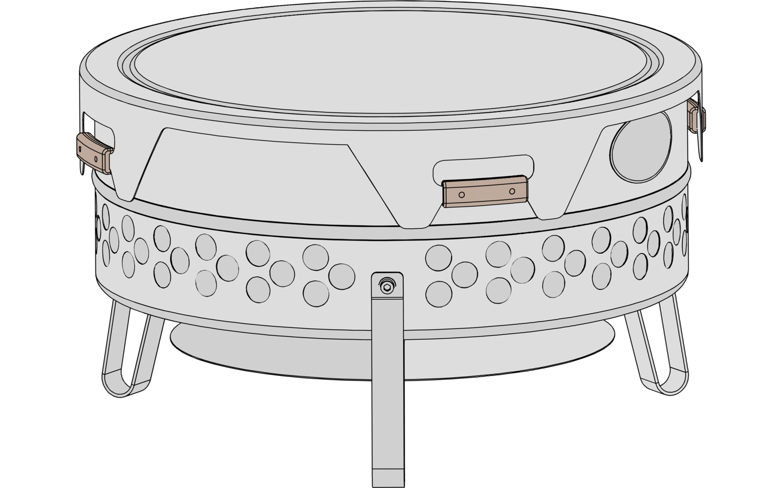 Rundes, flaches Metallgerät mit rundem Deckel, zwei rechteckigen seitlichen Griffen, einer Reihe runder Öffnungen am zylindrischen Rand und drei schrägen Beinen