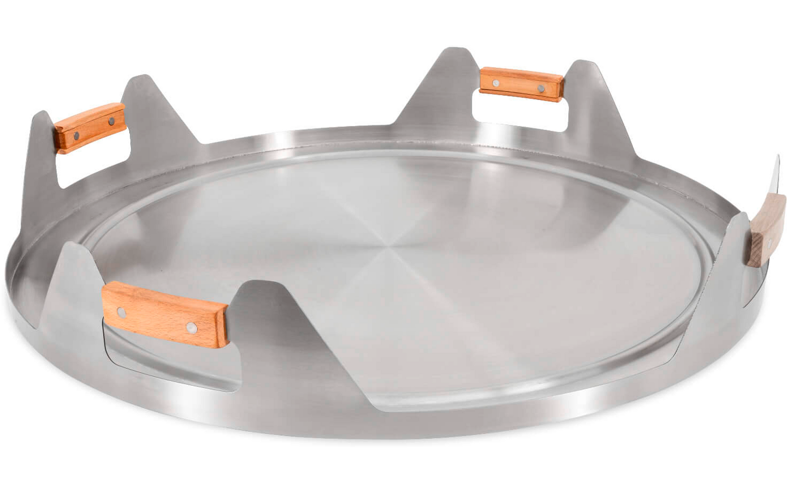 Runde flache Edelstahlplatte mit erhöhtem Rand, vier aufrechten dreieckigen Metallstützen am Rand und vier kleinen Holzgriffen