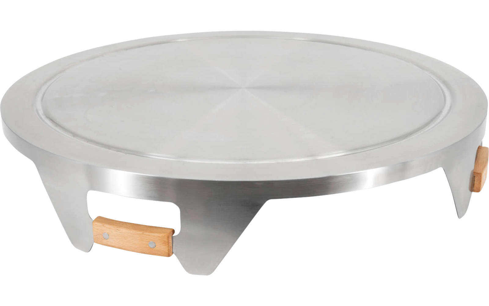 Plaque de cuisson ronde en acier inoxydable avec rebord, trois pieds métalliques et deux poignées en bois