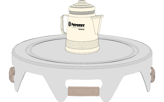 Support métallique rond gris à trois petits pieds, dessus une cafetière claire avec poignée et bec verseur