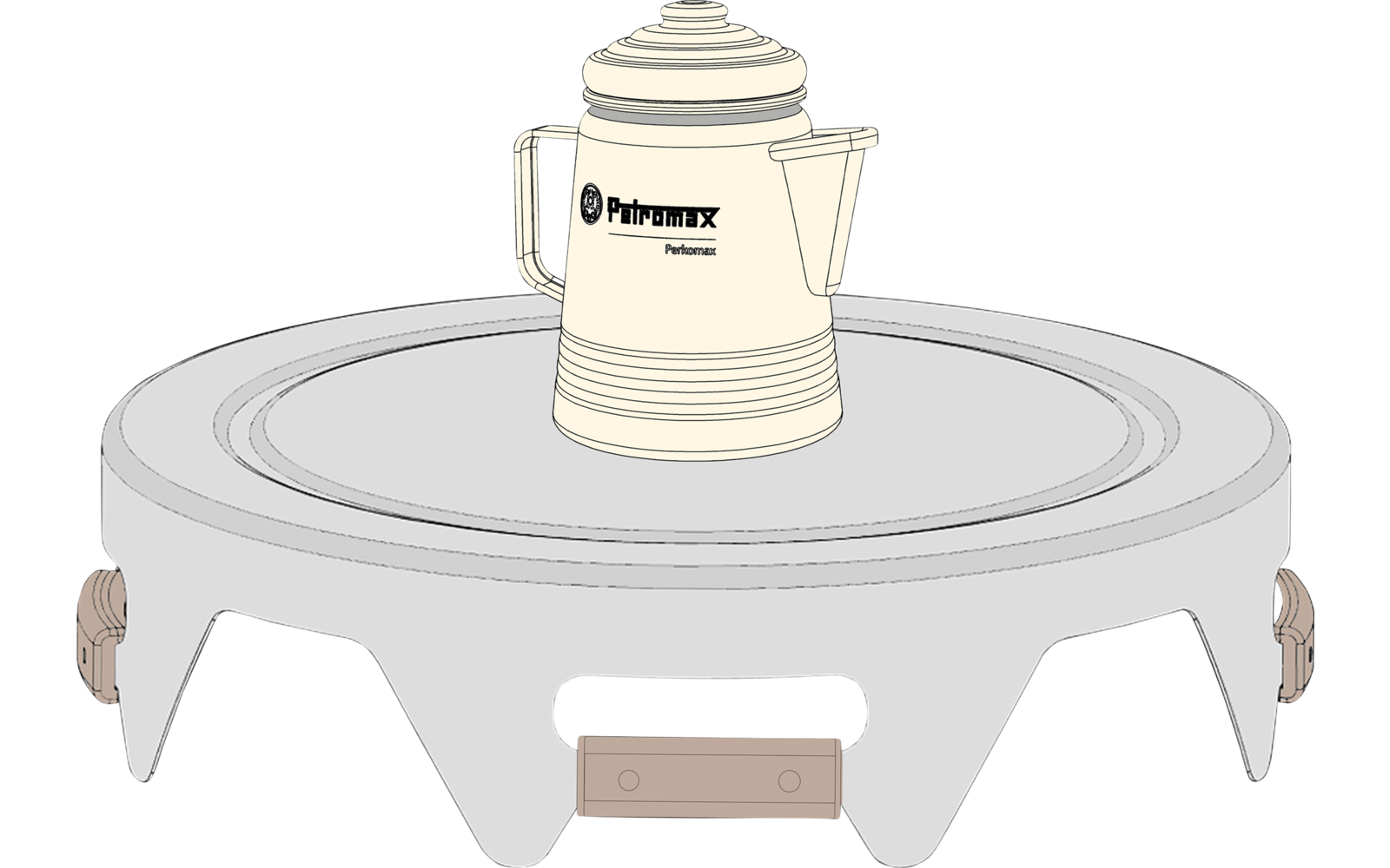 Support métallique rond gris à trois petits pieds, dessus une cafetière claire avec poignée et bec verseur