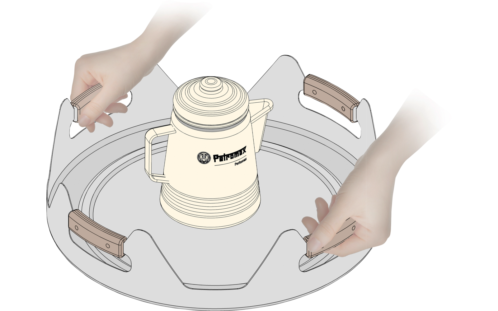 Plateau métallique rond avec quatre poignées en bois sur le bord, au centre une thermos crème avec un marquage noir, deux mains tiennent le plateau