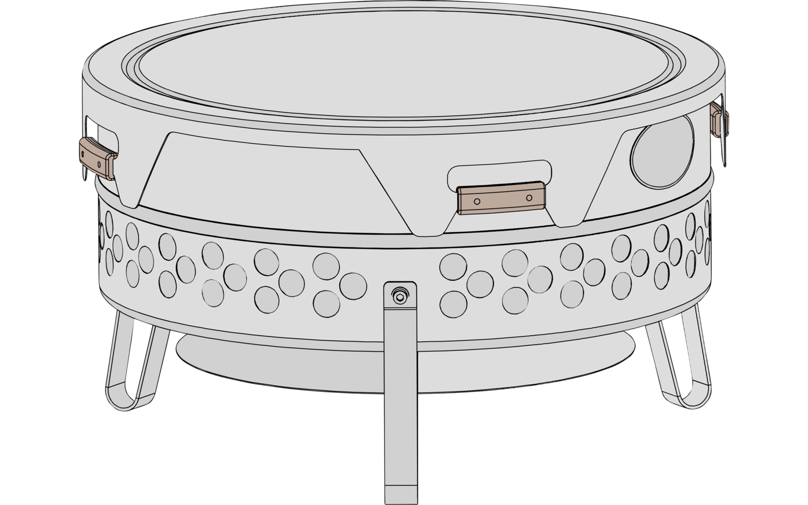Appareil métallique rond et plat avec un couvercle circulaire, deux poignées rectangulaires latérales, une rangée d'ouvertures rondes sur le côté cylindrique et trois pieds inclinés