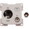 Weißes Modul mit offener 12V-Rundbuchse '12V 120W', TV-Koaxbuchse 'TV', Antennen-Symbol oben, loser Koax-Stecker rechts