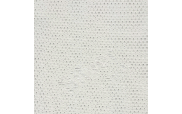 Close-up van een witte, gestructureerde oppervlakte met kleine, regelmatige verhoogde puntjes en een vervaagde, onleesbare reliëfopdruk