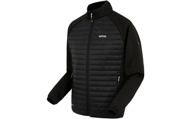 Zwarte jas met ritssluiting over de volle lengte, opstaande kraag, doorgestikt voorpand, gladde mouwen, twee ritssluitingzakken en klein logo op de borst