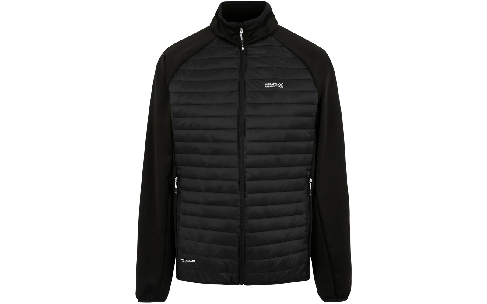 Zwarte jas met horizontaal doorgestikte voorzijde, rits over de volle lengte, opstaande kraag, gladde mouwen, twee ritssluitende zijzakken en witte logo's op de borst en linksonder