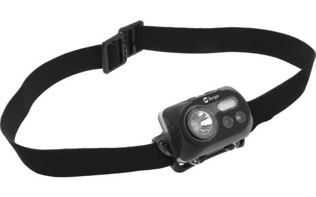 Schwarze Stirnlampe mit verstellbarem elastischem Band und zwei runden Leuchten in einem Kunststoffgehäuse