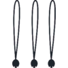 Trois boucles élastiques noires avec de petits embouts ronds sur fond clair
