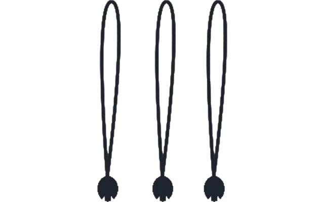 Trois boucles élastiques noires avec de petits embouts ronds sur fond clair