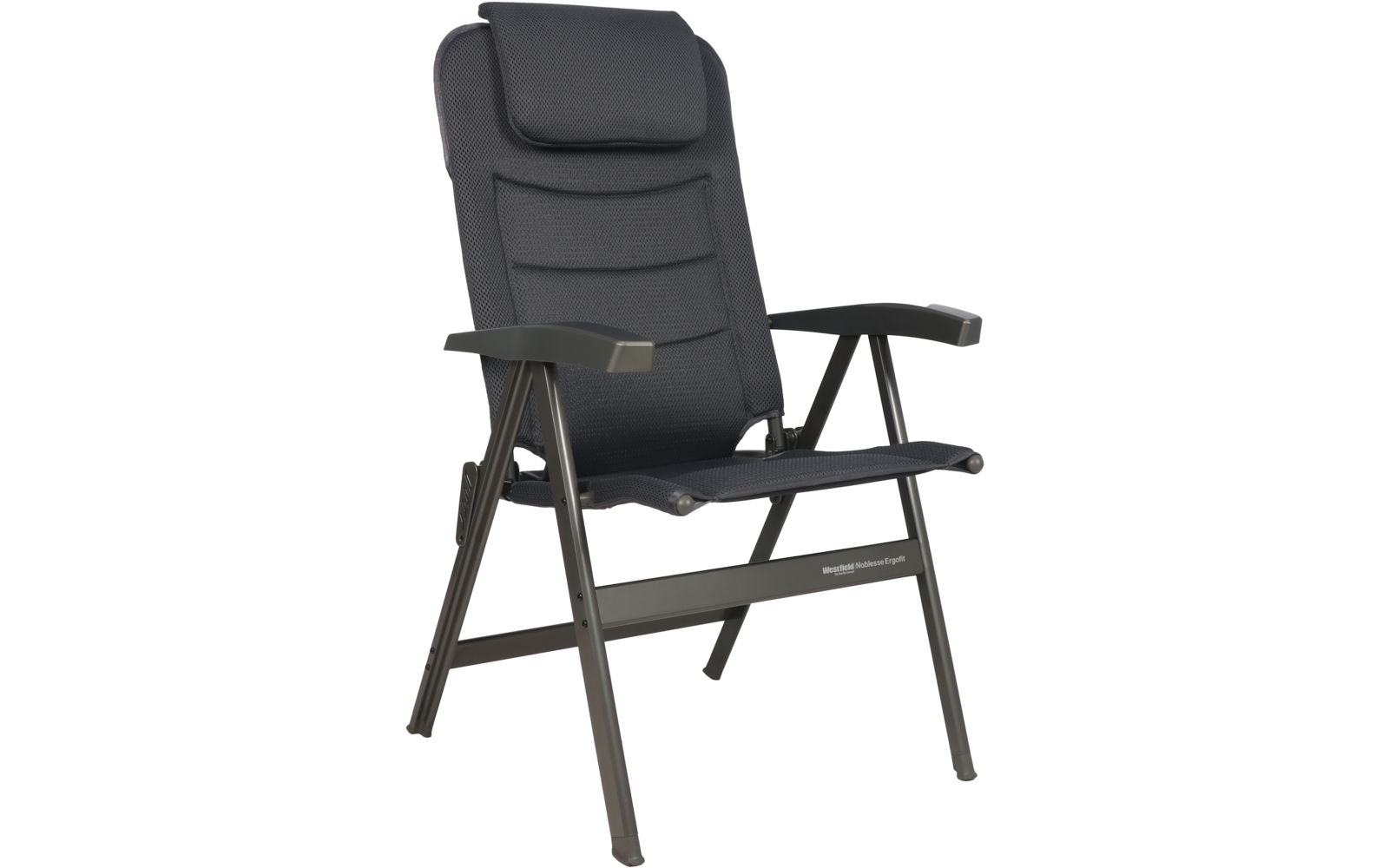 Dunkler, gepolsterter Klappstuhl mit hoher Rückenlehne, Kopfkissen, Armlehnen und metallischem Gestell