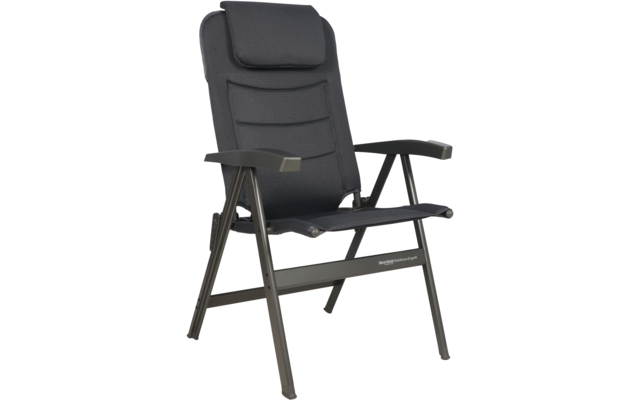 Donkere, gewatteerde inklapbare stoel met hoge rugleuning, hoofdkussen, armleuningen en metalen frame