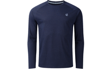 Dunkelblaues langärmeliges Shirt mit Rundhalsausschnitt und kleinem hellblauen Logo auf der linken Brust, Vorderansicht auf weißem Hintergrund