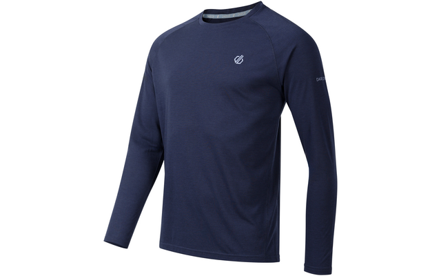 Dunkelblaues Langarmshirt mit rundem Halsausschnitt, kleinem weißem Logo auf der linken Brust und weißem Schriftzug am linken Ärmel