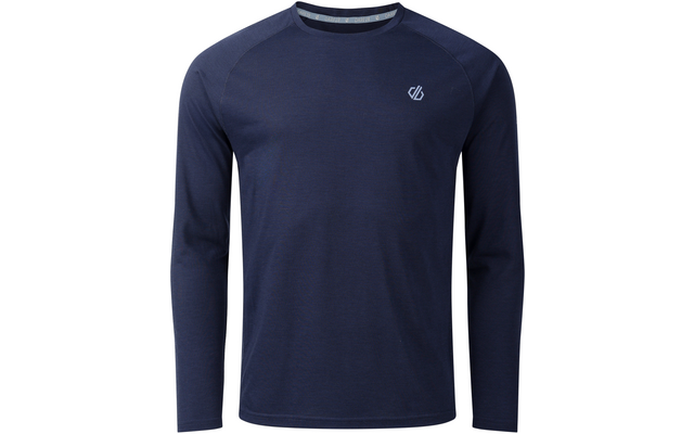 Dunkelblaues langärmeliges Shirt mit Rundhalsausschnitt und kleinem hellblauen Logo auf der linken Brust, Vorderansicht auf weißem Hintergrund