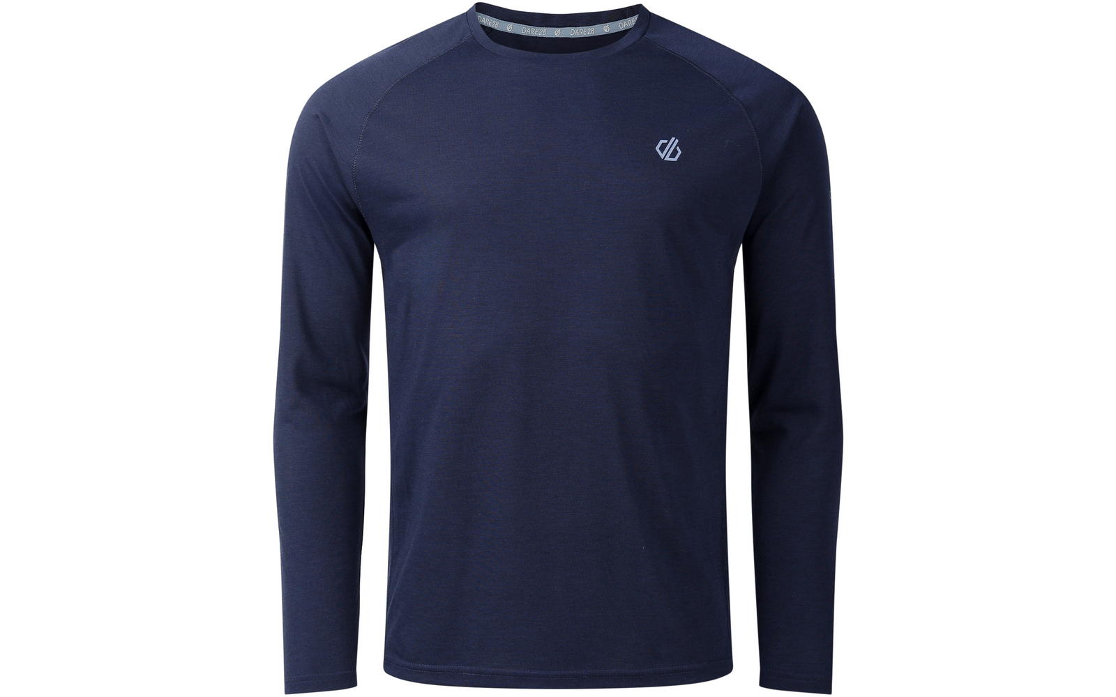 Dunkelblaues langärmeliges Shirt mit Rundhalsausschnitt und kleinem hellblauen Logo auf der linken Brust, Vorderansicht auf weißem Hintergrund