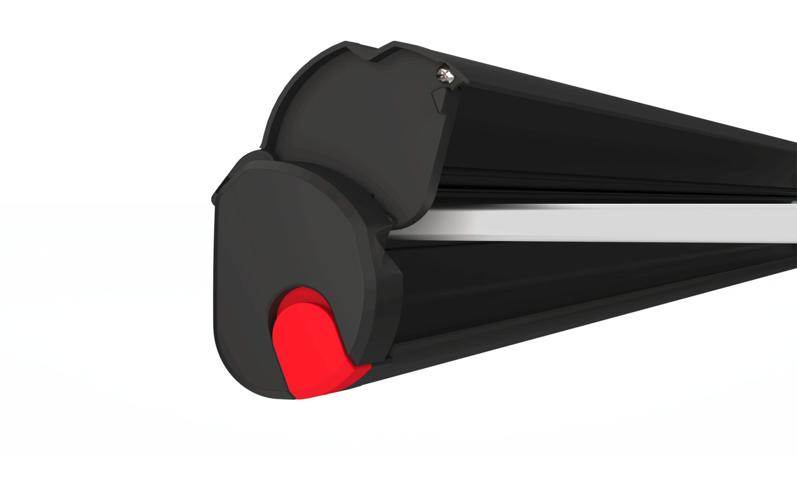 Gefalteter schwarzer Regenschirm mit roter Endkappe auf weißem Hintergrund