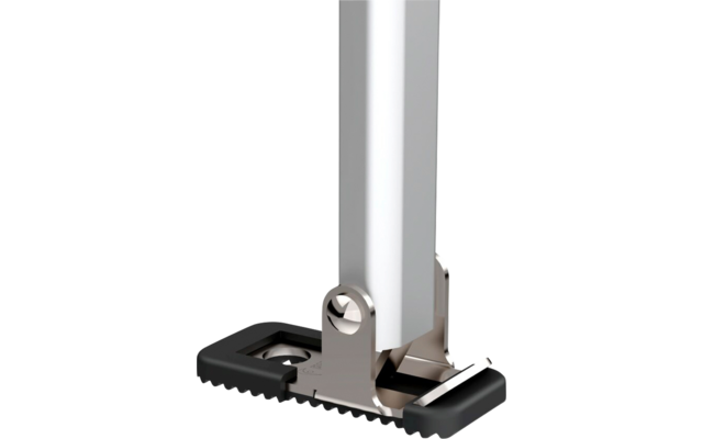 Close-up of a vertical silver metal post with a hinge bracket and a black serrated rubber foot