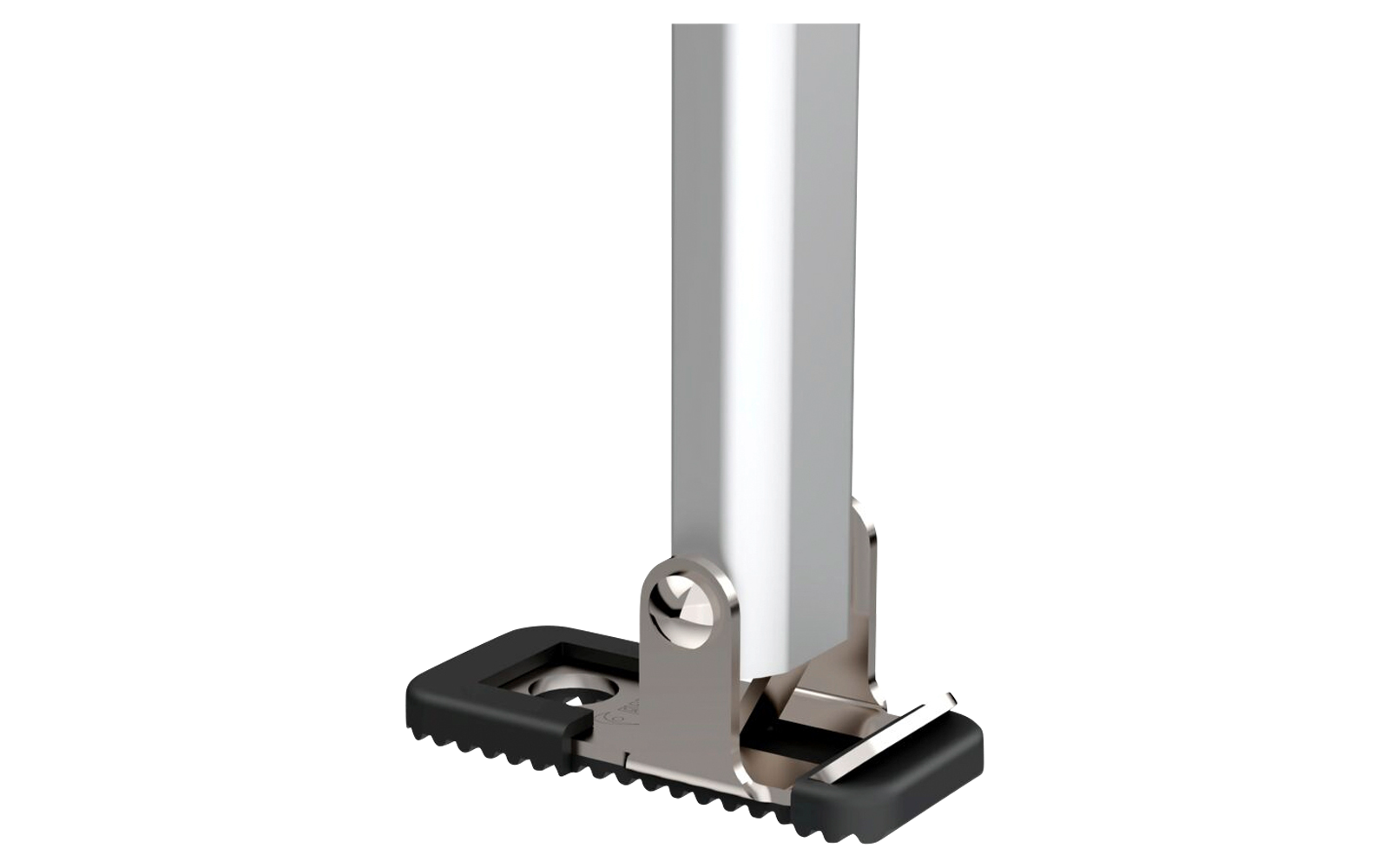 Close-up of a vertical silver metal post with a hinge bracket and a black serrated rubber foot