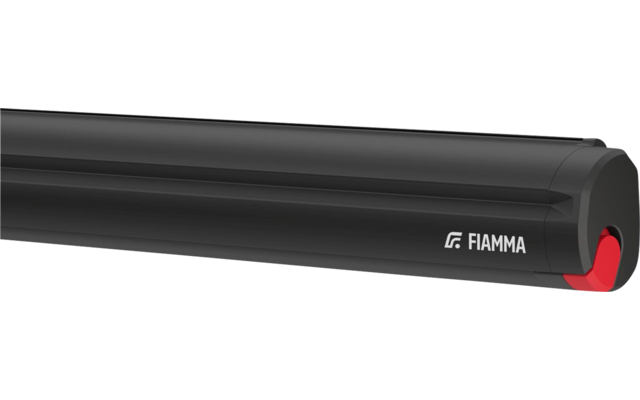 Black elongated rounded housing with white FIAMMA logo on the side and red end cap