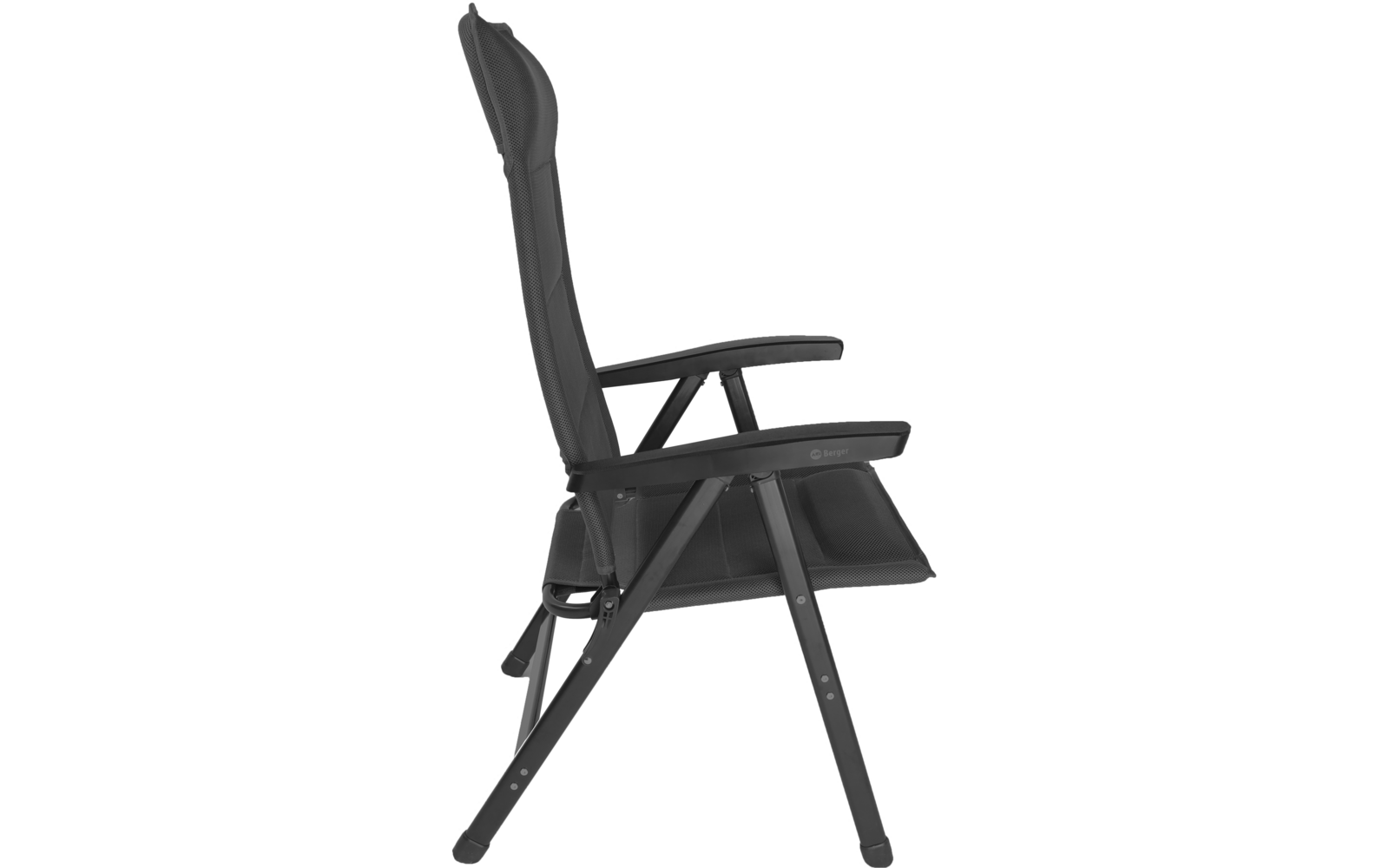 Seitenansicht eines Stuhls mit hoher Rückenlehne, Sitzfläche, zwei Armlehnen und einem Gestell mit sichtbaren Scharnieren