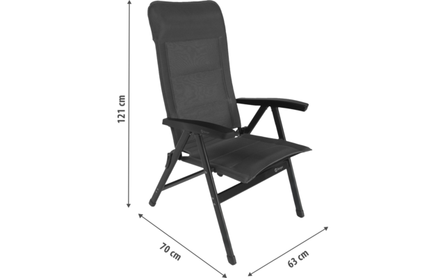 Dunkler Stuhl mit gepolsterter hoher Rückenlehne, gepolstertem Sitz, Metallgestell und Armlehnen; Maßangaben: 116 cm (Höhe), 78 cm (Tiefe), 60 cm (Breite)