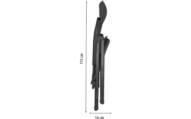 Gefaltetes schwarzes dreibeiniges Gestell mit zusammengelegten Beinen, gebogenem oberen Teil und sichtbaren Scharnieren; links Pfeil mit 115 cm, unten Pfeil mit 14 cm auf weißem Hintergrund