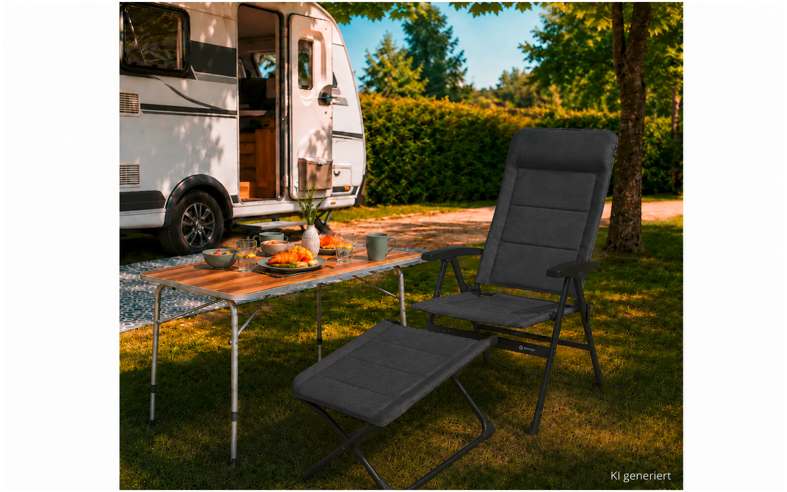 Weißes Wohnmobil auf Rasen, davor ein Campingtisch mit Schalen, Brot und einem Kürbis, daneben ein dunkelgrauer Klappsessel mit Fußteil, Bäume und Hecke im Hintergrund, Text 'KI generiert' unten rechts
