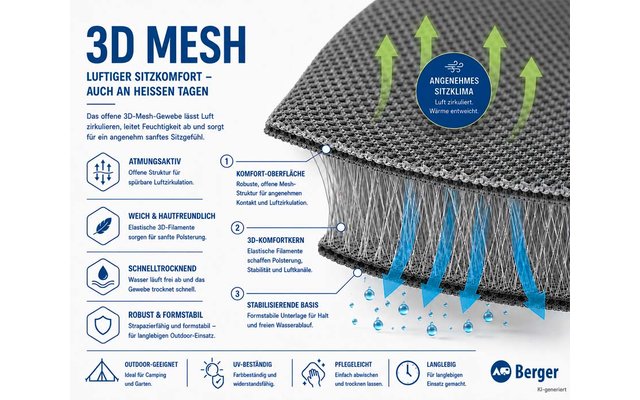 Primo piano di un tessuto mesh grigio stratificato in sezione con linee verticali blu, frecce verdi verso l'alto, gocce d'acqua blu, grande scritta '3D MESH', testo e icone informativi a sinistra e logo Berger in basso a destra
