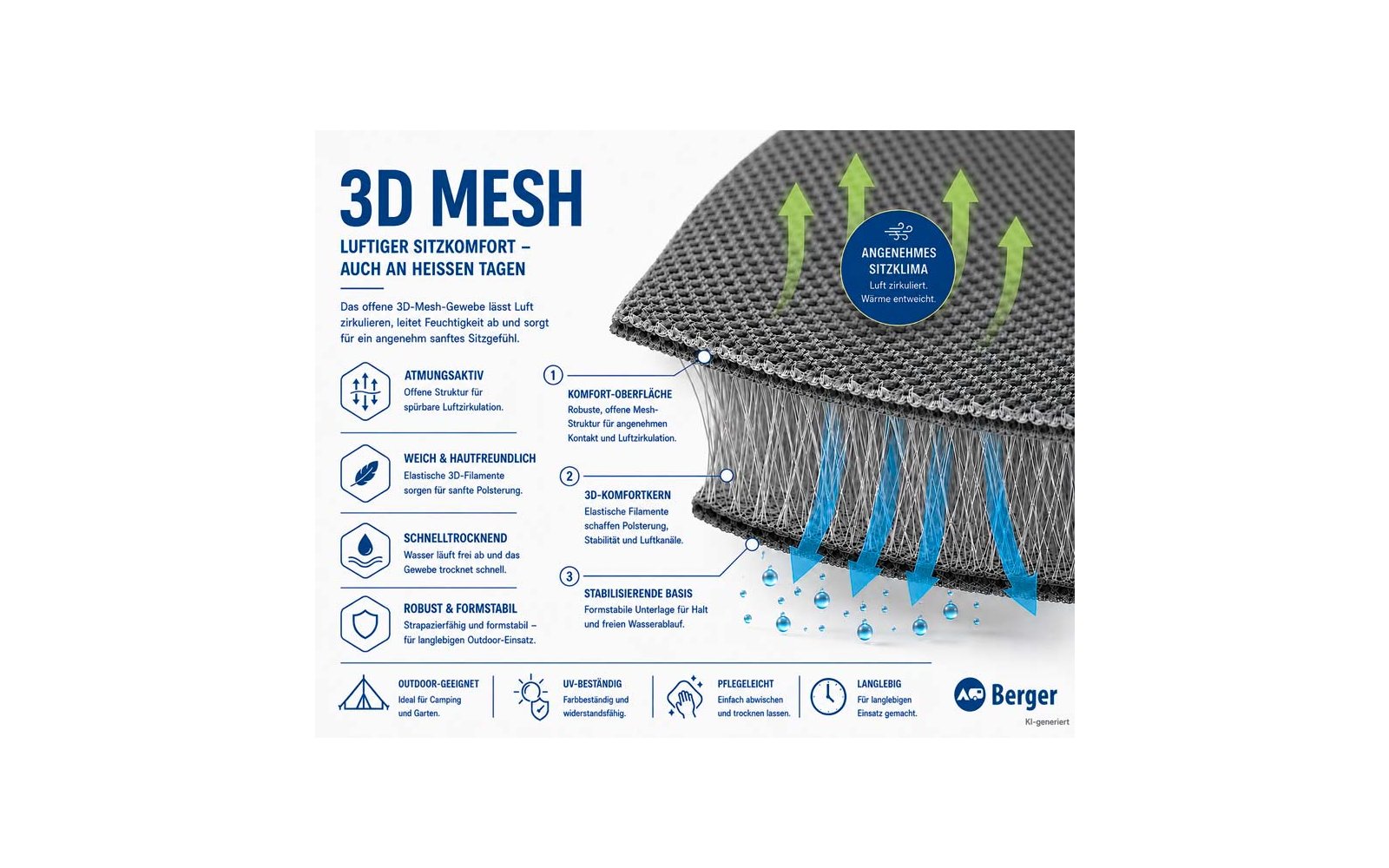 Primo piano di un tessuto mesh grigio stratificato in sezione con linee verticali blu, frecce verdi verso l'alto, gocce d'acqua blu, grande scritta '3D MESH', testo e icone informativi a sinistra e logo Berger in basso a destra