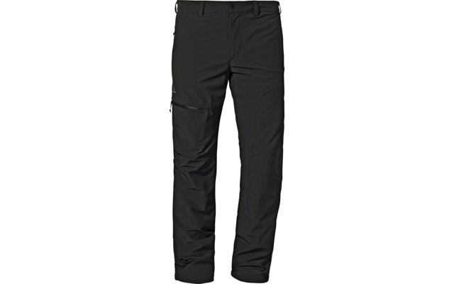 Zwarte broek, vooraanzicht, knoop- en ritssluiting, riemlussen, ritssluitingszak op dij, witte achtergrond