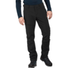 Onderlichaam van een persoon van taille tot voeten, zwarte broek met een ritssluiting op het bovenbeen, donkerblauw langärmelig bovenstuk, zwarte veterschoenen