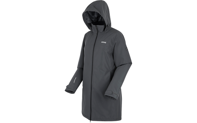 Imperméable gris foncé avec capuche, fermeture éclair à l'avant et manches longues