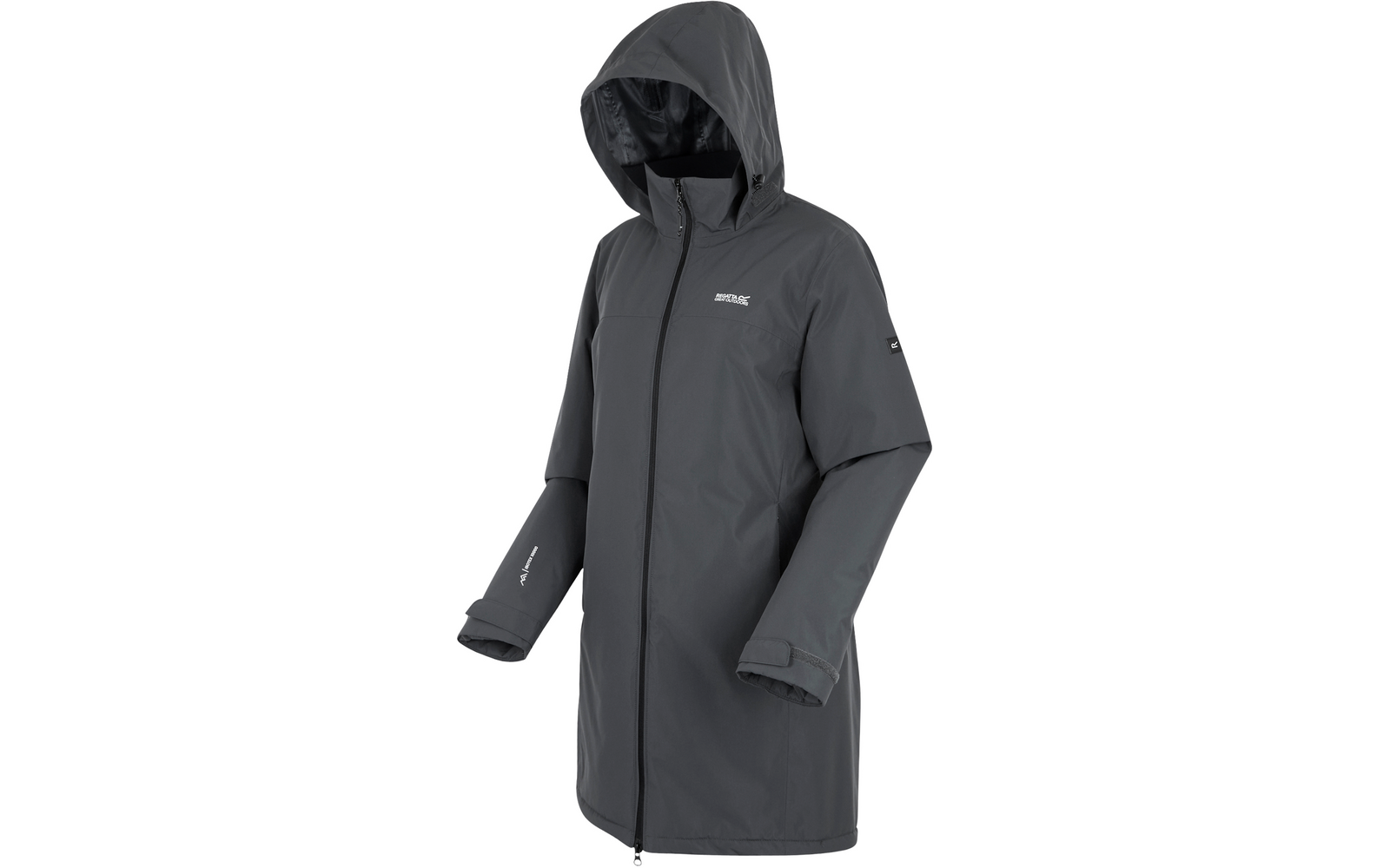 Imperméable gris foncé avec capuche, fermeture éclair à l'avant et manches longues