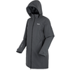 Imperméable gris foncé avec capuche, fermeture éclair à l'avant et manches longues