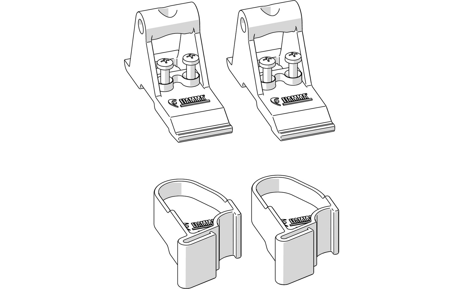 Schwarz-weiße Strichzeichnung von vier kleinen Halterungen in zwei Paaren: oben zwei identische Plattformhalter mit je zwei Schrauben, unten zwei identische Clips mit gebogenen Bögen und rechteckigem Vorderteil