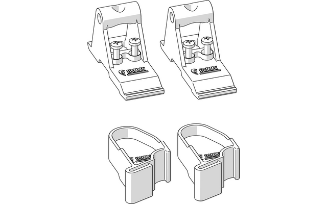 Schwarz-weiße Strichzeichnung von vier kleinen Halterungen in zwei Paaren: oben zwei identische Plattformhalter mit je zwei Schrauben, unten zwei identische Clips mit gebogenen Bögen und rechteckigem Vorderteil