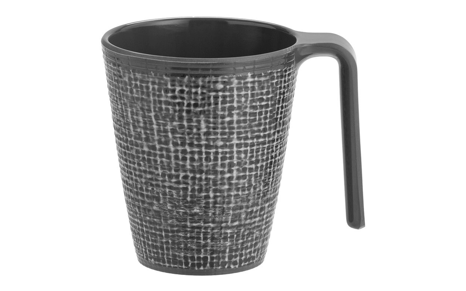 Graue Tasse mit hohem, geradem Henkel rechts und außen weiß-grauem, gewebt wirkendem Muster; innen glatt und dunkel