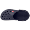 Dunkelblauer Clog, Draufsicht, mehrere Belüftungsöffnungen vorne, Fersenriemen, kleines rundes rotes Logo