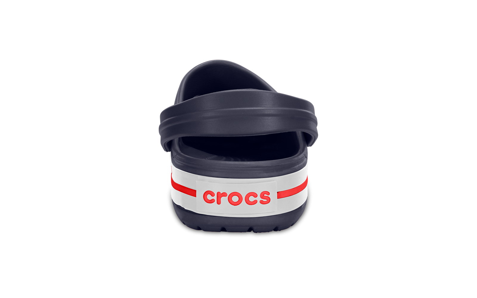 Dunkelblauer Crocs-Clog von hinten mit weißem Fersenriemen, roten Streifen und rotem crocs-Logo