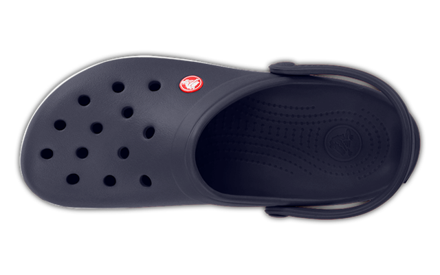 Dunkelblauer Clog, Draufsicht, mehrere Belüftungsöffnungen vorne, Fersenriemen, kleines rundes rotes Logo