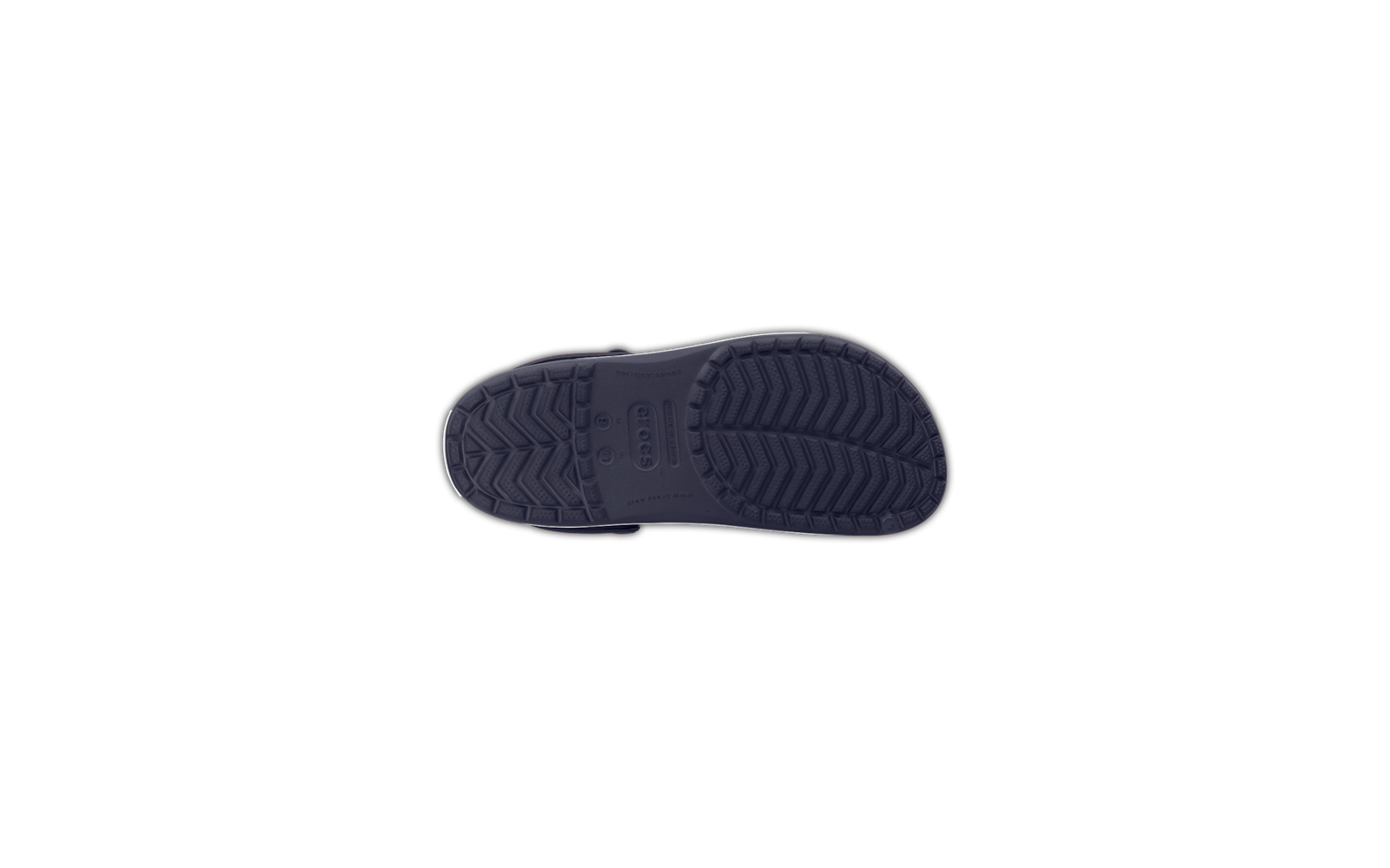 Dunkelblaue Schuhsohle von unten mit Profil und Schriftzug "CROCS"
