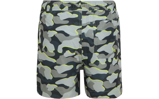 Rückansicht einer Badeshorts mit elastischem Bund, grauem Camouflage‑Muster und neon-gelben Konturlinien, aufgesetzter Gesäßtasche mit Metallöse
