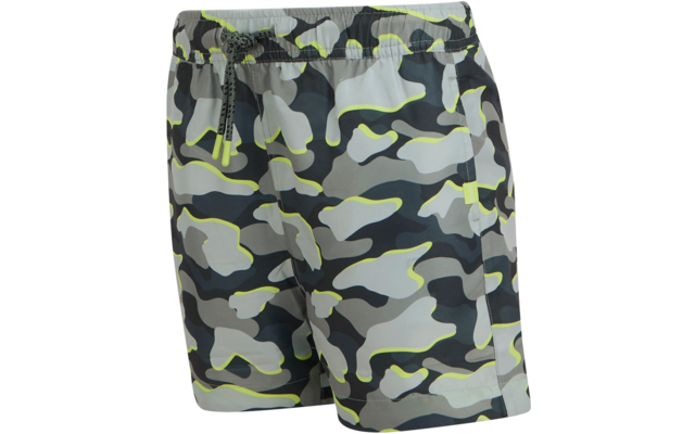 Graue Camouflage-Badeshorts mit neongelben Konturen, elastischem Bund, Tunnelzug und seitlichen Taschen