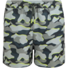 Graue Badeshorts mit Camouflage-Muster in Grautönen und neongelben Akzenten, elastischer Bund mit Kordel, Vorderansicht