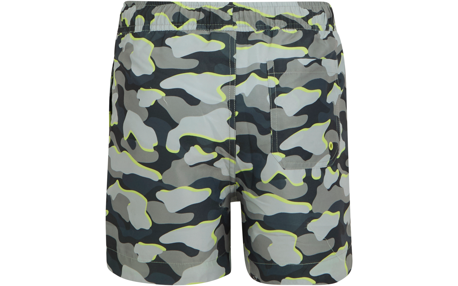 Rückansicht einer Badeshorts mit elastischem Bund, grauem Camouflage‑Muster und neon-gelben Konturlinien, aufgesetzter Gesäßtasche mit Metallöse