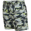 Graue Camouflage-Badeshorts mit neongelben Konturen, elastischem Bund, Tunnelzug und seitlichen Taschen