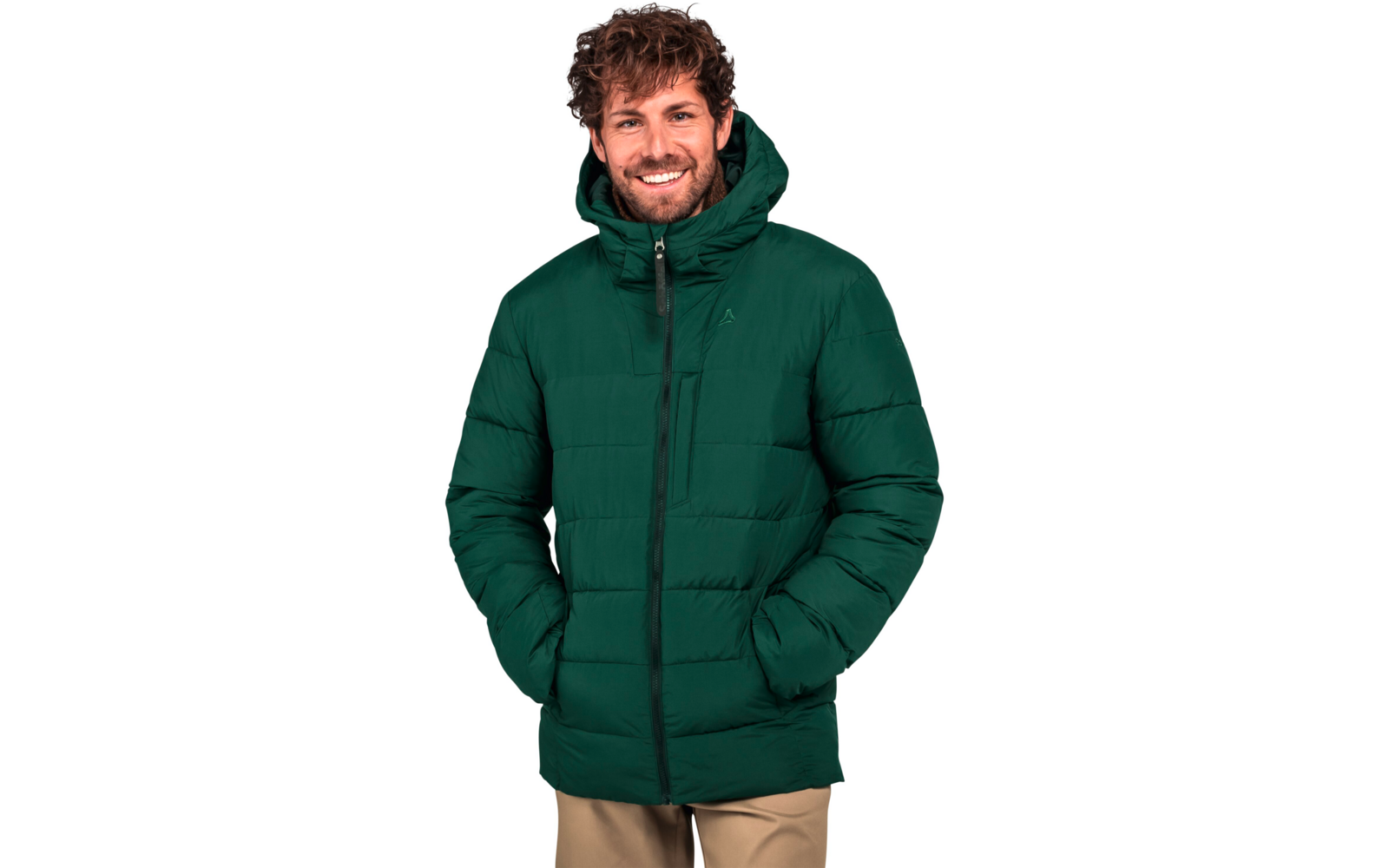 Man draagt groene winterjas en beige broek